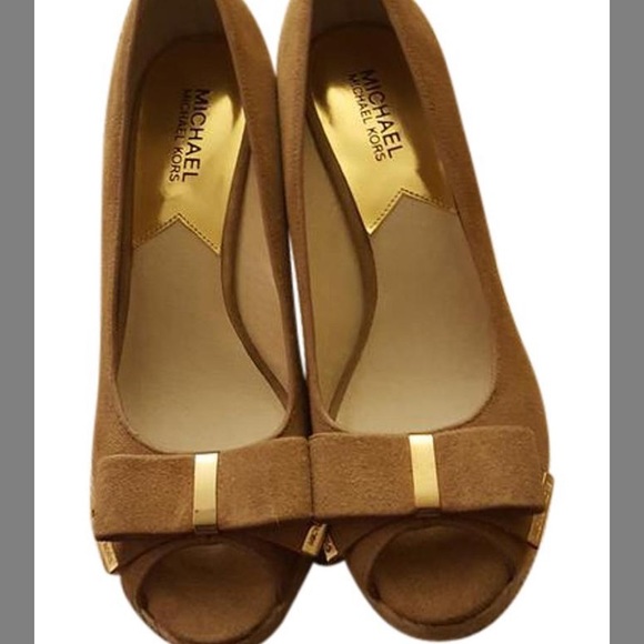 MICHAEL Michael Kors Shoes - Michael Kors Kiera Tan Suede Peep Toe Wedge